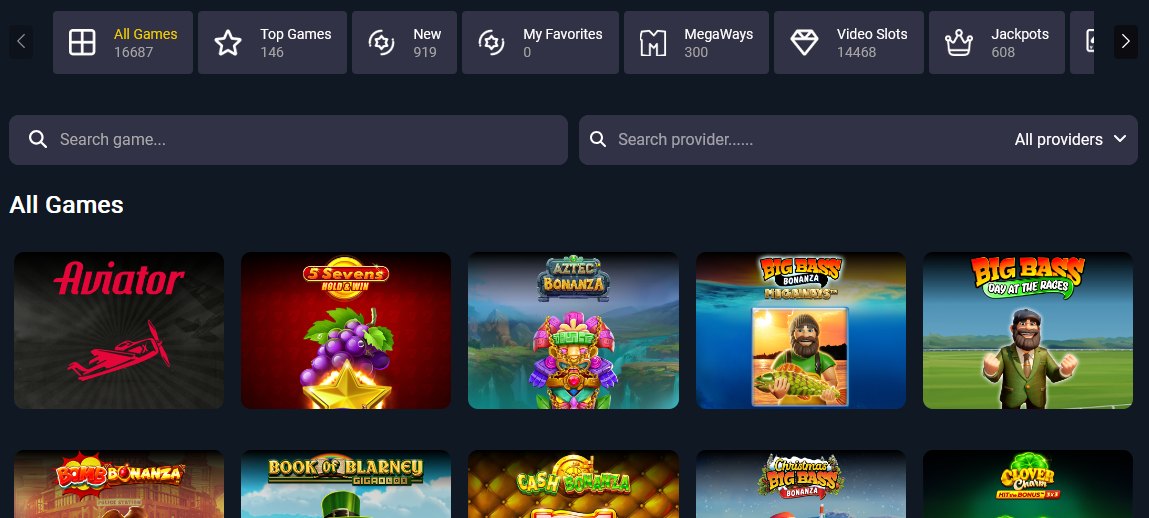 A section of Tiktok Casino's games page